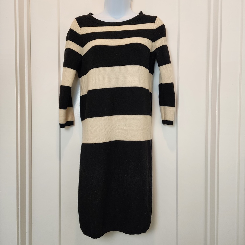 Club Monaco Wool Stripe Sweater Dress XS Black Cream Parisian Quiet Luxury - Picture 2 of 13